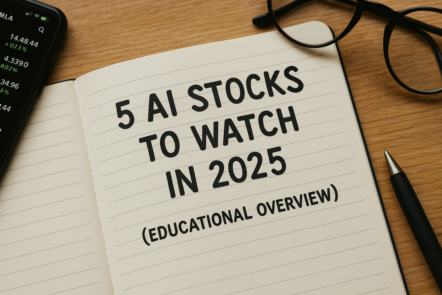 A notebook with the heading '5 AI Stocks to Watch in 2025' on a wooden desk, accompanied by a smartphone showing stock details, eyeglasses, and a pen