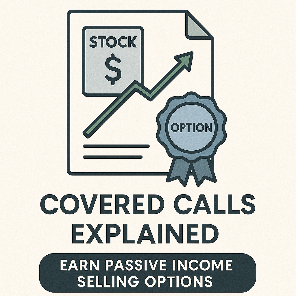 Illustration of a stock certificate with an upward arrow and option badge representing covered call strategy.