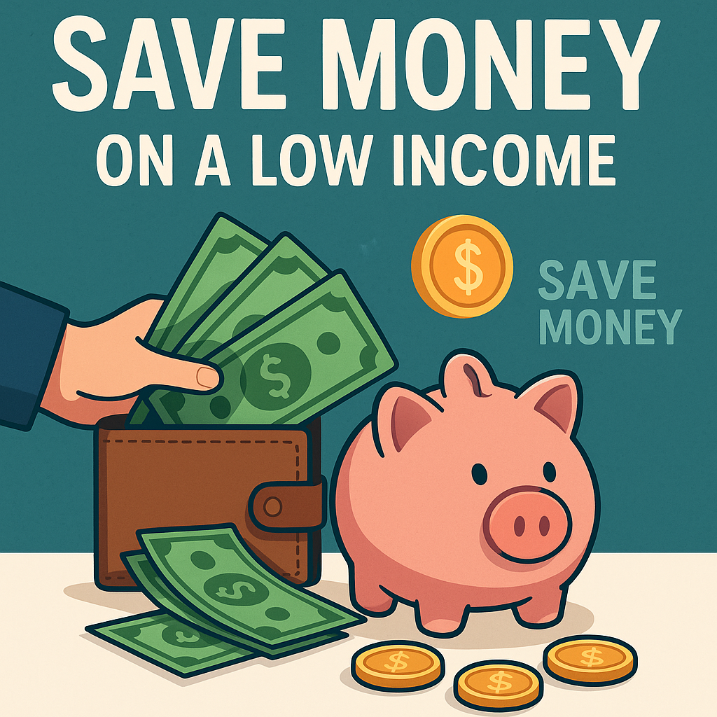 Flat-style illustration showing a young person saving money into a piggy bank, surrounded by cash, coins, and a "Save Money" sign, symbolizing practical tips for building savings on a low income.