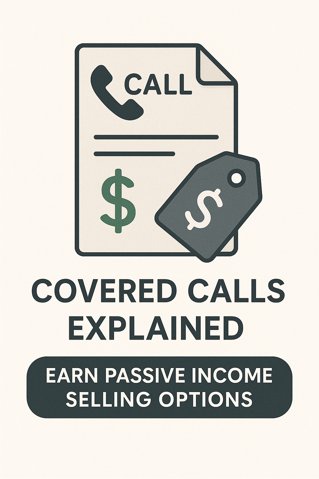 Illustration of a financial document labeled “CALL” with dollar icons and a price tag, explaining covered call strategy.