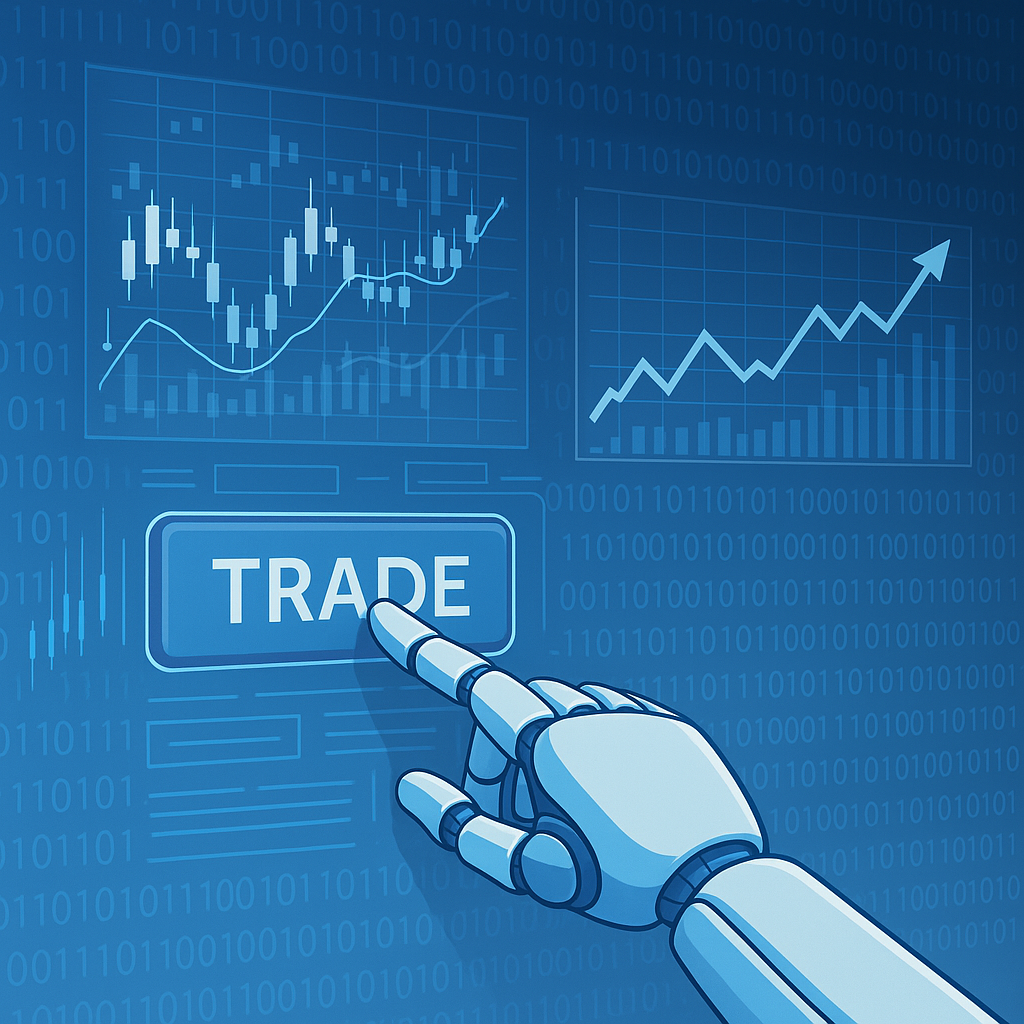 A robotic hand pressing a "TRADE" button on a digital interface with stock charts and binary code in the background.