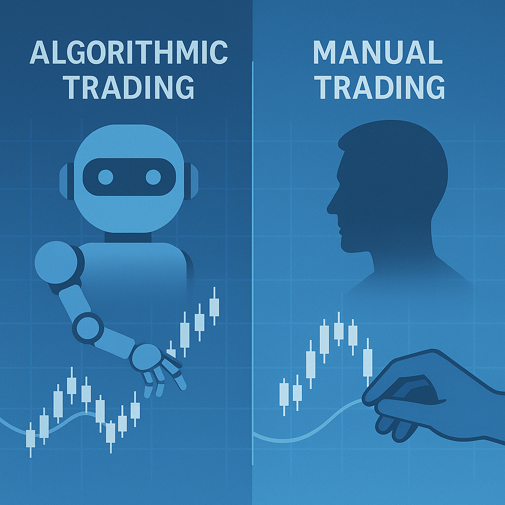Split-screen illustration showing a robot representing algorithmic trading and a human representing manual trading, both interacting with stock charts.