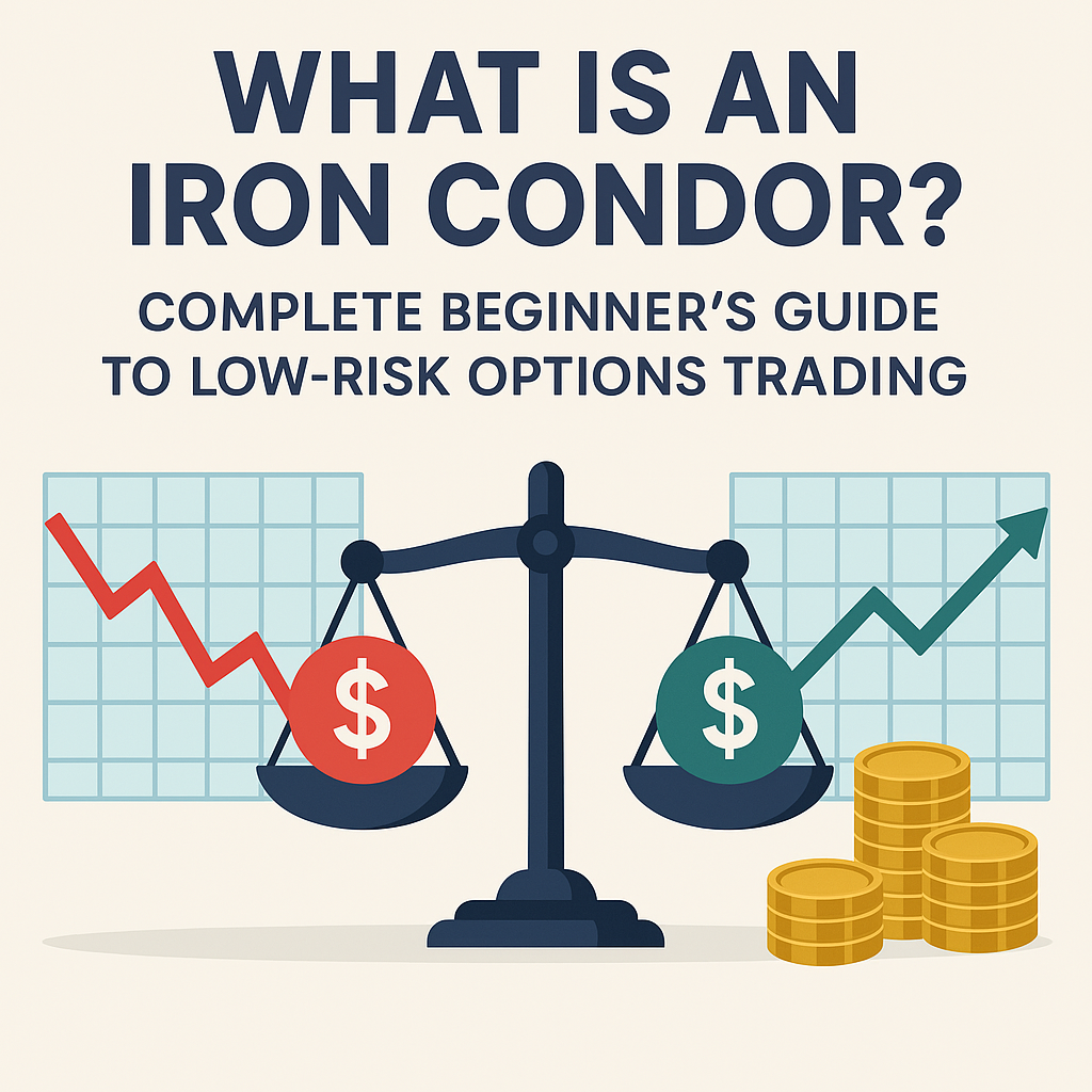 Flat-style digital illustration of financial charts and neutral price movement, representing the Iron Condor options strategy in a range-bound market.