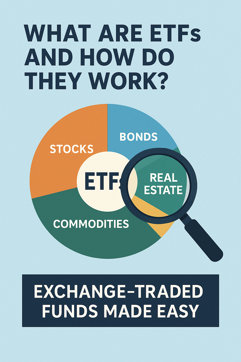 Illustration of an ETF pie chart with stocks, bonds, real estate, and commodities, under a magnifying glass.