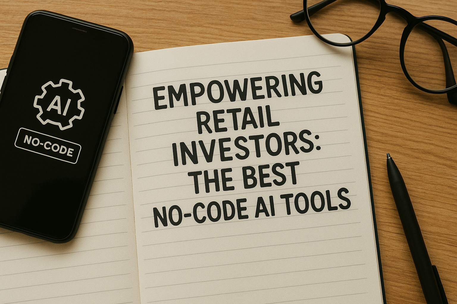 A notebook with the heading 'EMPOWERING RETAIL INVESTORS: THE BEST NO-CODE AI TOOLS' next to a smartphone showing a no-code AI interface, eyeglasses, and a pen.