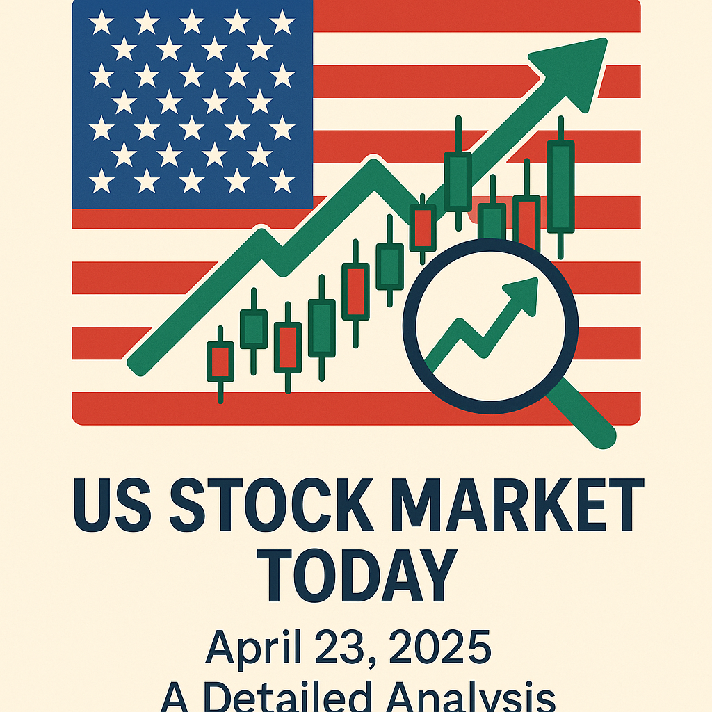Illustration of a US flag with candlestick chart and upward arrow representing April 23, 2025 stock market analysis.