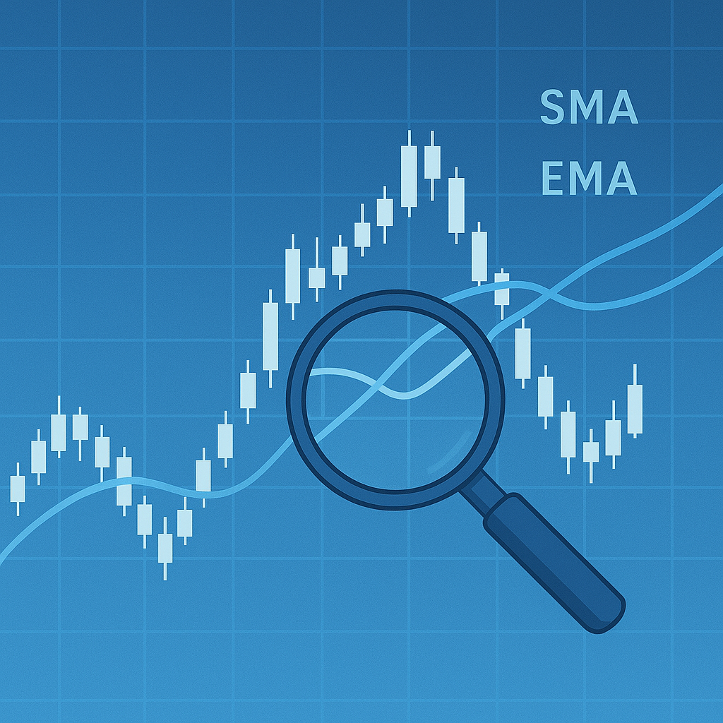 Stock price chart with simple and exponential moving average lines, highlighting a crossover trading signal.
