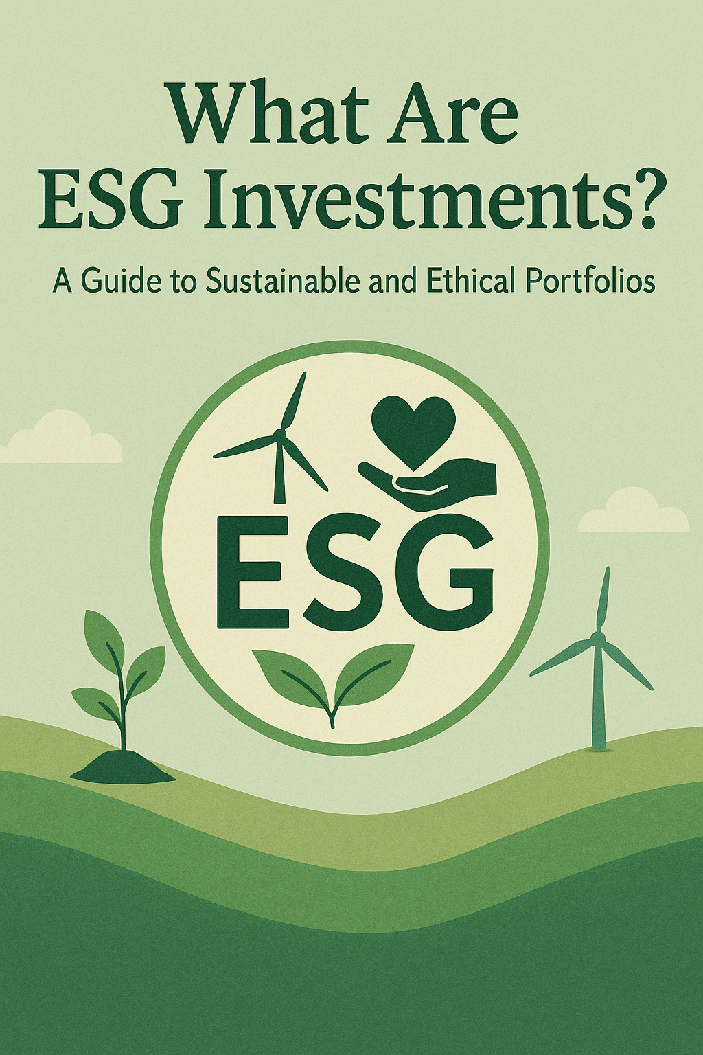A colorful landscape featuring wind turbines, plants, and a heart in hand, symbolizing environmental, social, and governance (ESG) investing themes.