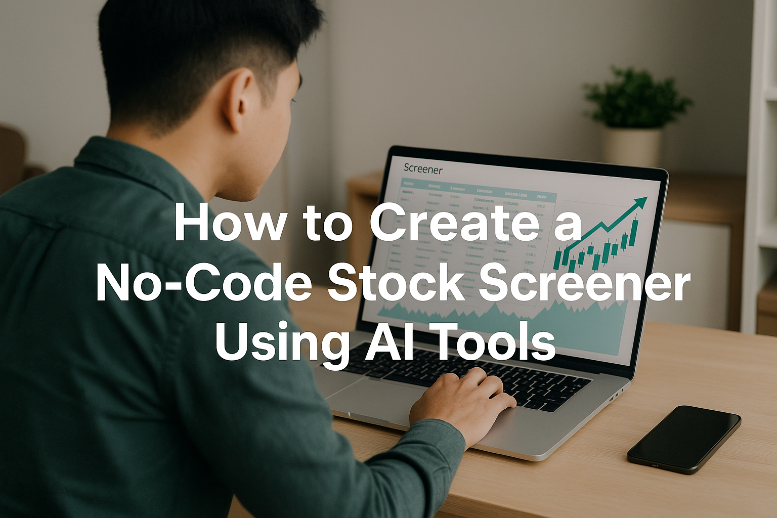 A young man in a green shirt creating a no-code stock screener using AI tools on a laptop in a home office setting