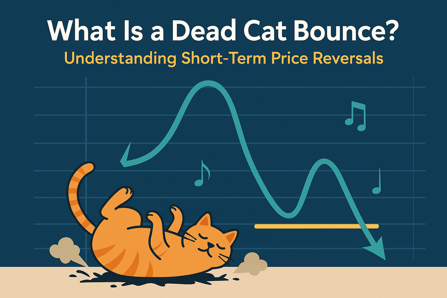 Illustration of an orange cat hitting the ground with a bounce, set against a financial chart depicting a temporary upward trend followed by further decline, representing a 'dead cat bounce' pattern