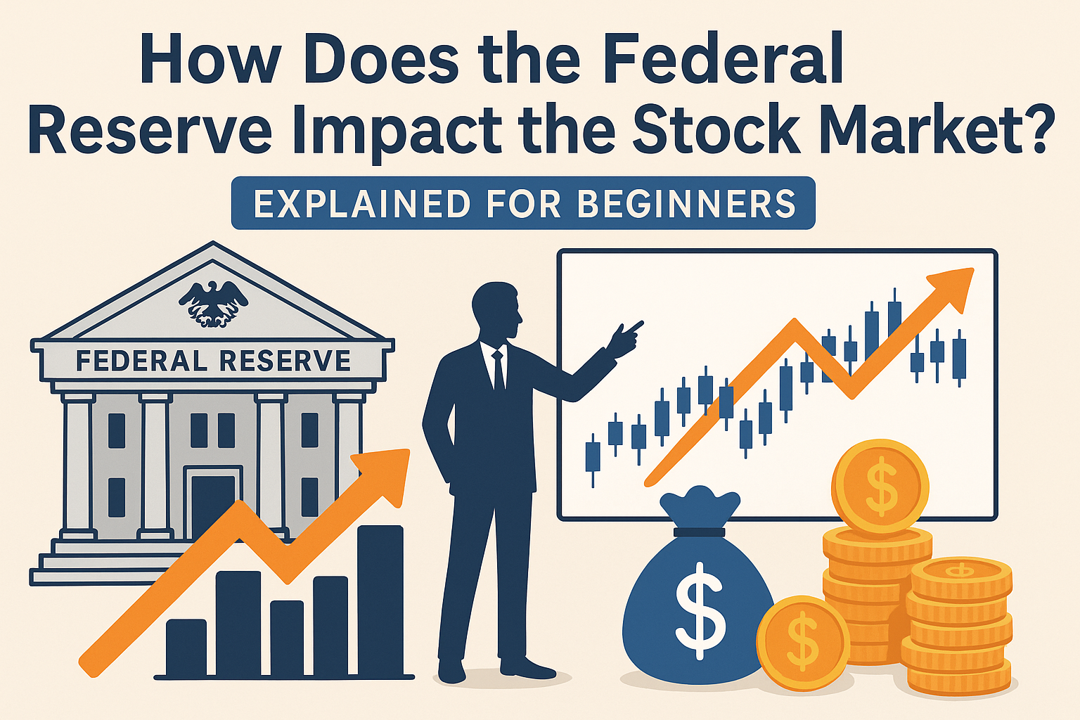 Two professionals in a modern office discussing the Federal Reserve’s impact on the stock market, with financial charts on the table and a stock market graph displayed on a monitor in the background.