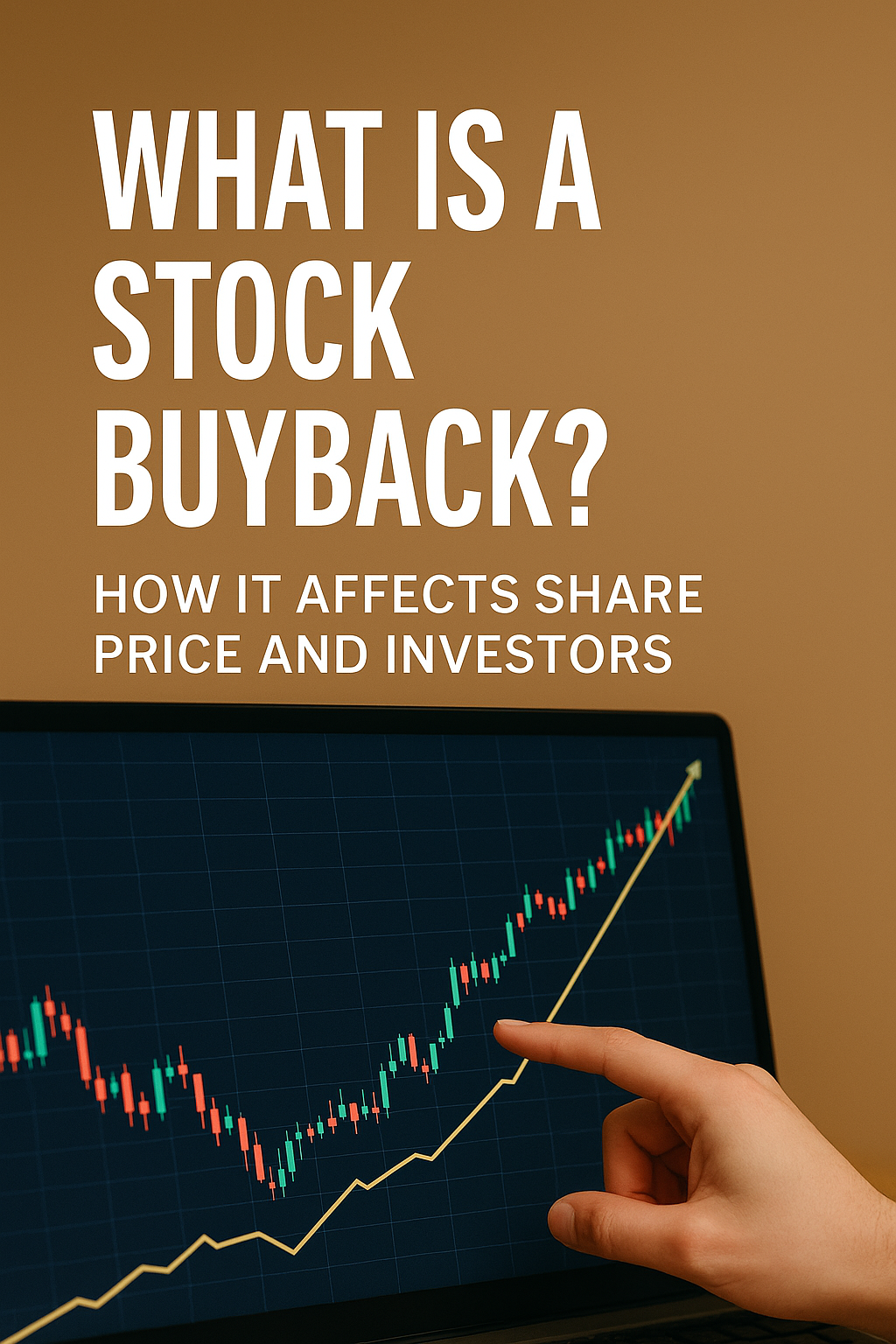 A hand points at a stock price chart on a screen with the text "What Is a Stock Buyback? How It Affects Share Price and Investors
