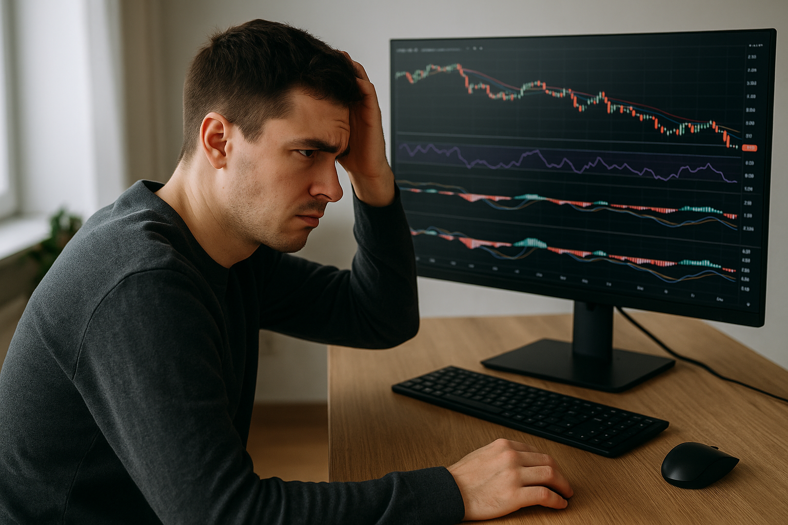 A trader in a suit, viewed from behind, holding his head in frustration while looking at multiple declining financial charts on a digital screen.