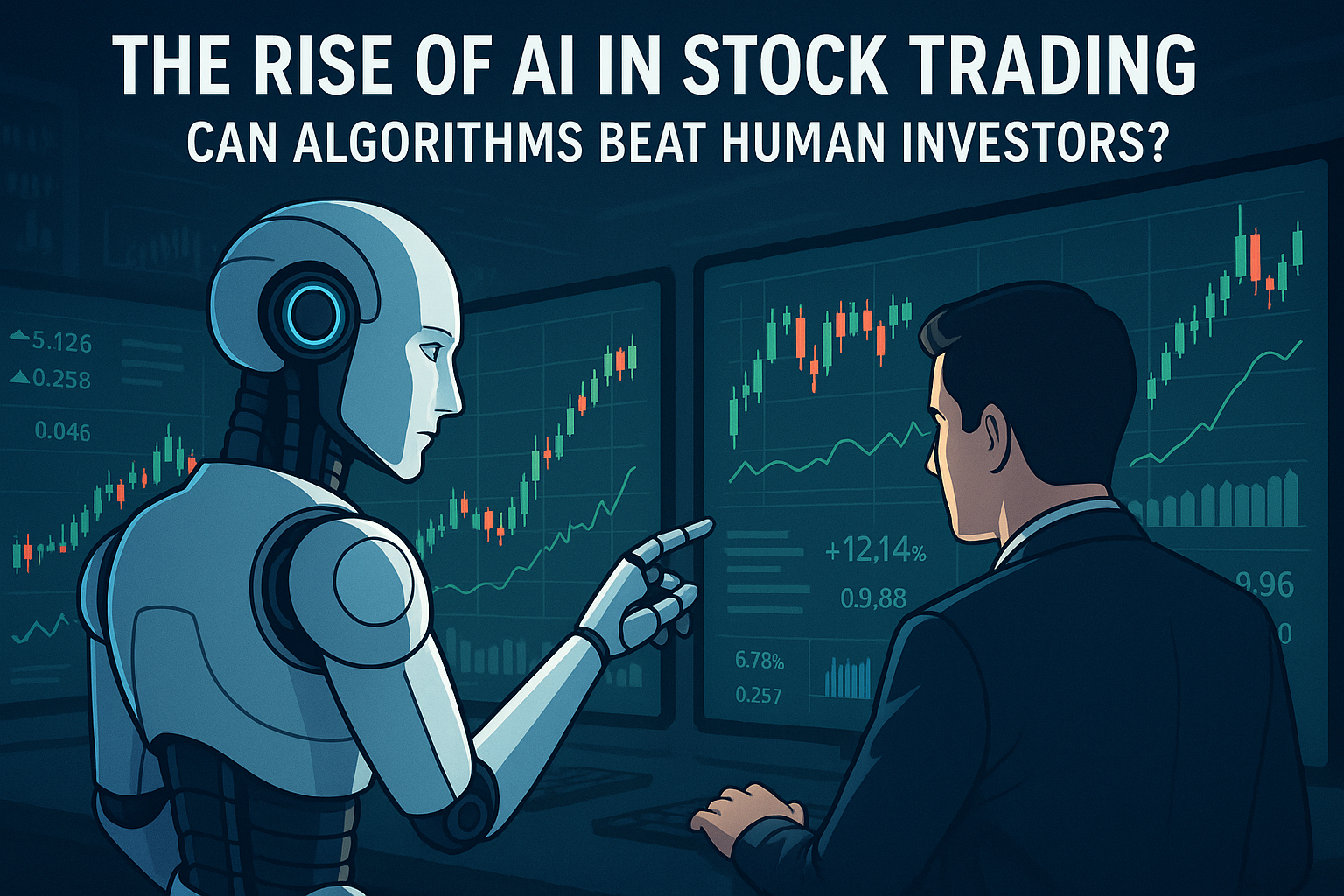 A robot and a human analyzing stock charts on digital screens, symbolizing AI competing with human investors in trading.