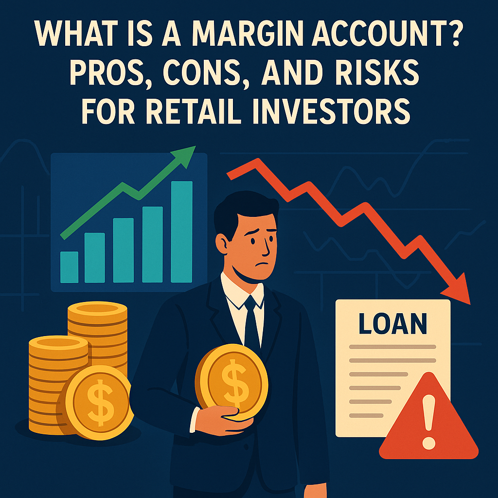 Illustration of a worried investor holding a coin, with financial symbols including a bar chart, red downward trend line, and a loan warning sign, under the title 'What Is a Margin Account? Pros, Cons, and Risks for Retail Investors.
