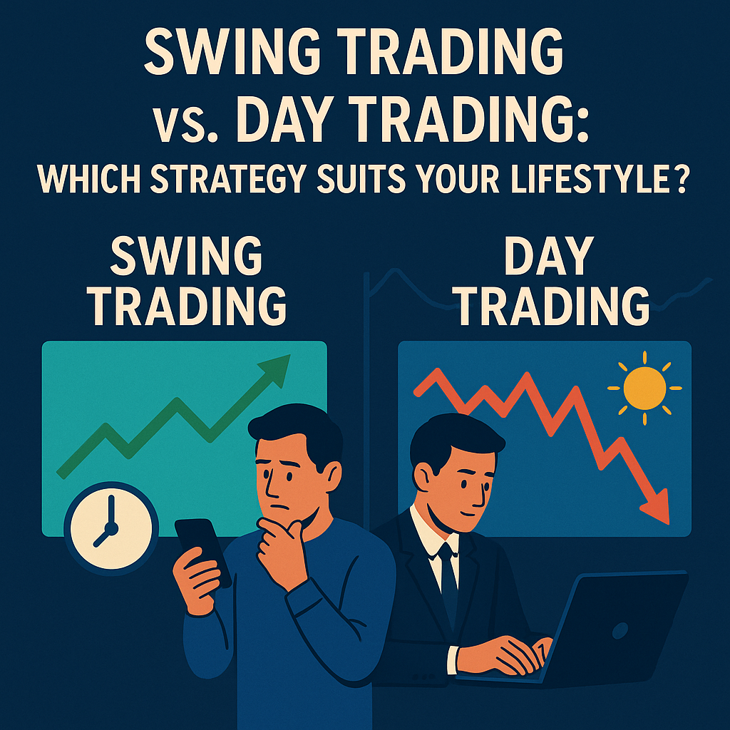 Illustration comparing swing trading and day trading strategies with two men representing each approach, set against stock market charts showing different trends.