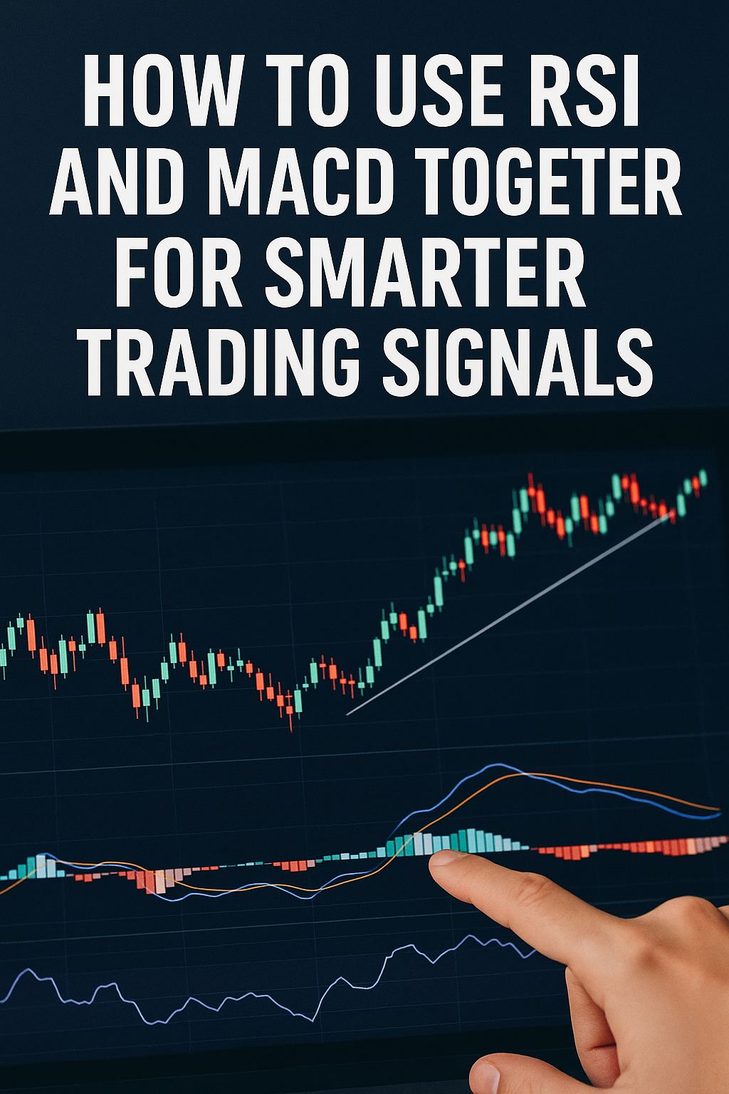 A finger points to a MACD indicator on a trading chart, with RSI visible below and the title “How to Use RSI and MACD Together for Smarter Trading Signals” above.