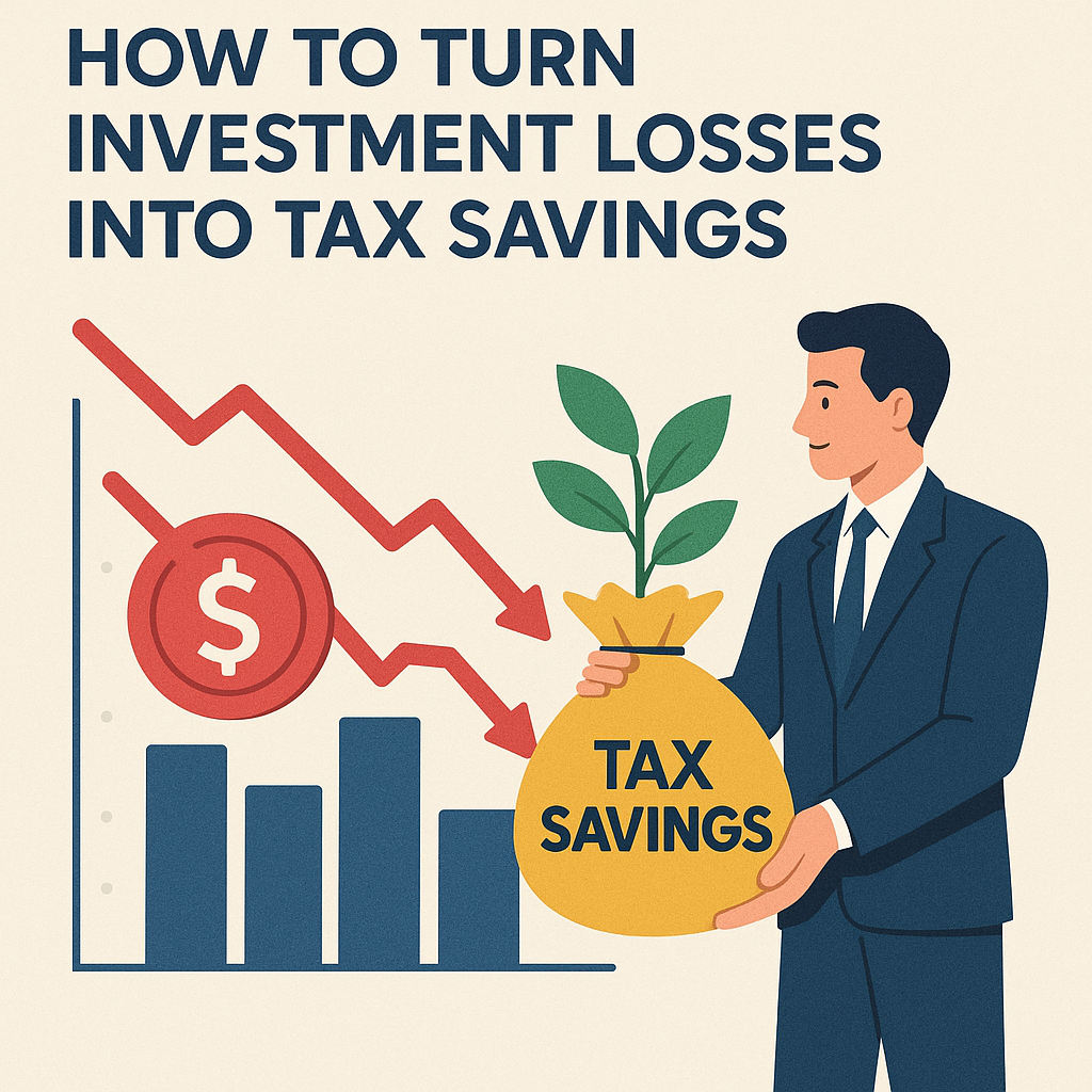 Illustration of a businessman holding a "Tax Savings" sack, with a falling red stock chart and a plant growing from the sack, symbolizing tax-loss harvesting.