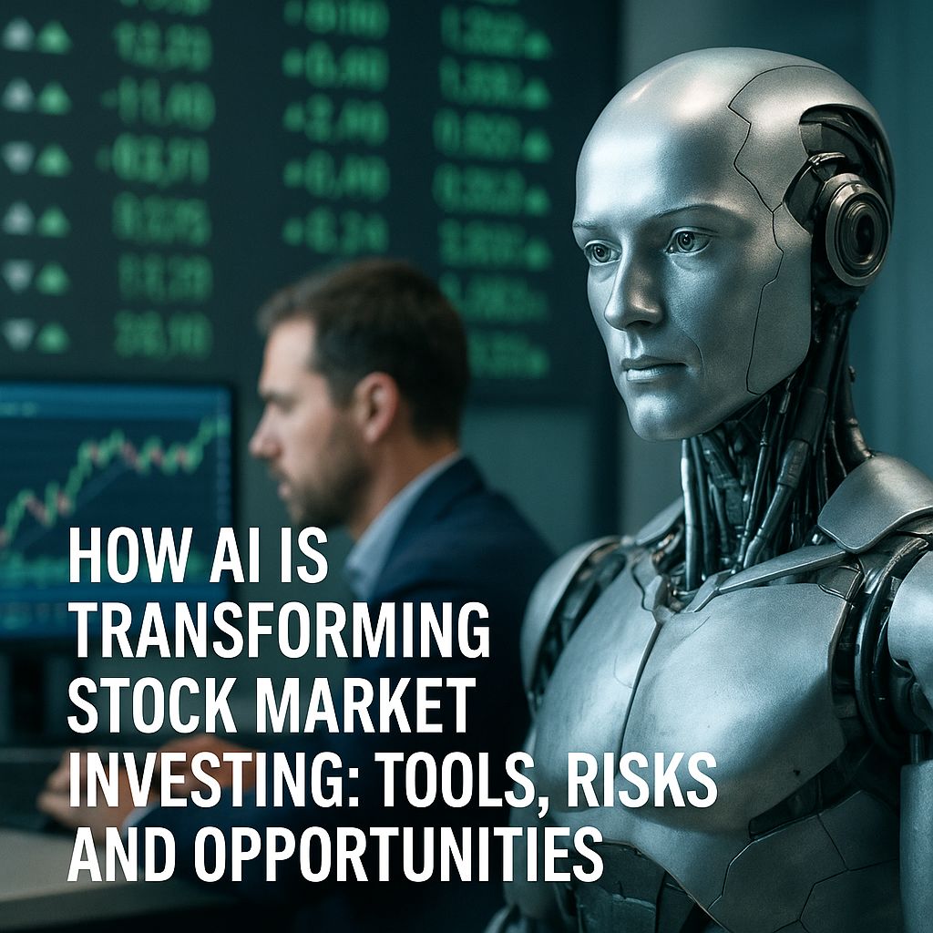An AI robot alongside a stock trader with market charts and price data in the background.