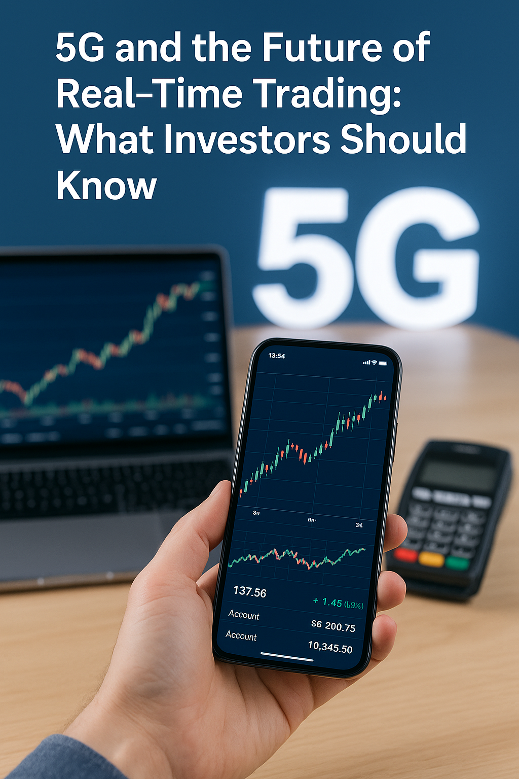 A person using a smartphone displaying a live trading chart, with a 5G sign and financial technology tools in the background.