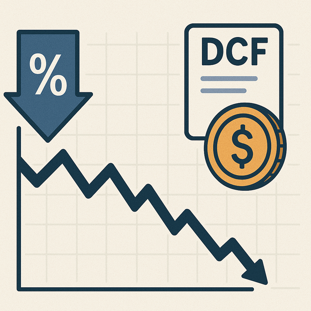 Infographic showing interest rate arrow, DCF document, dollar sign coin, and a falling line chart