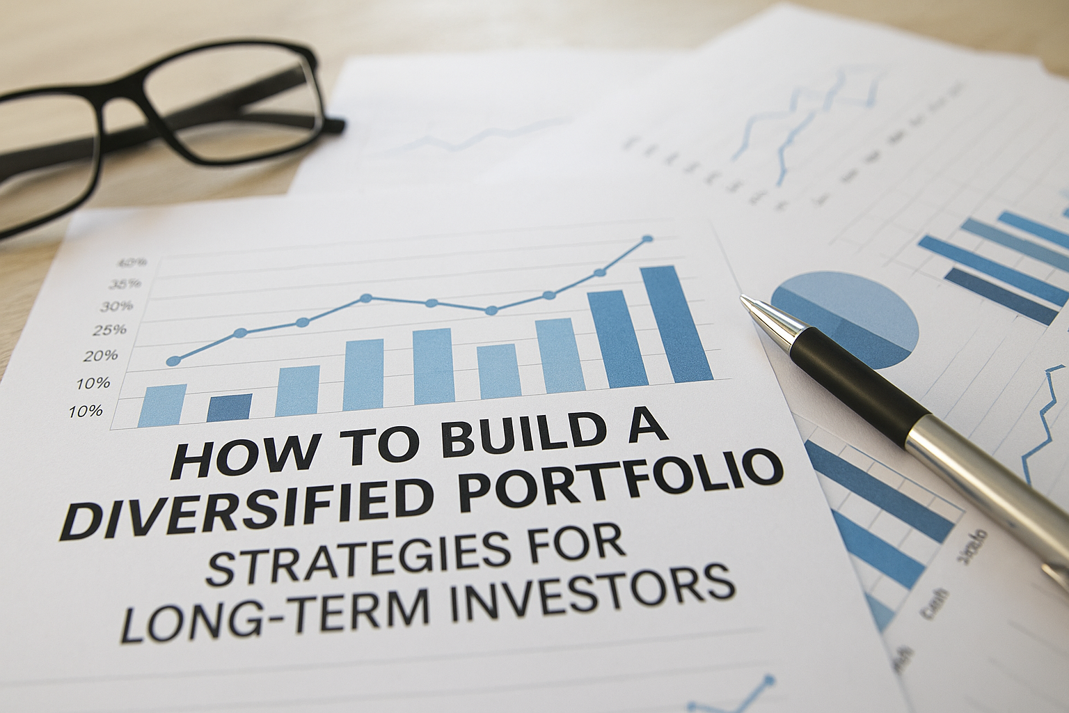 Printed investment charts with eyeglasses and pen beside a document titled "How to Build a Diversified Portfolio