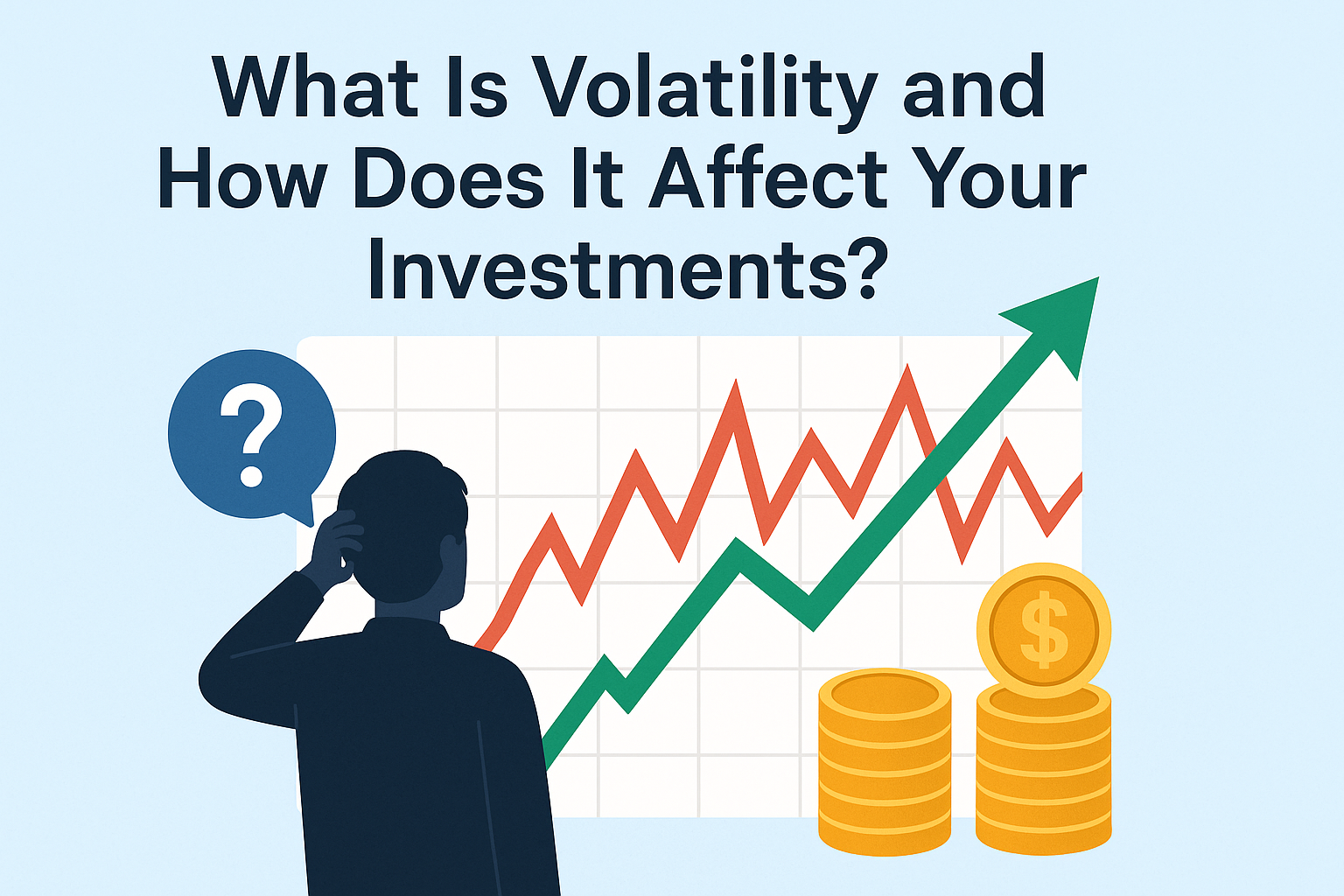 Illustration of a person looking at a volatile stock chart with red zigzag lines, a green upward arrow, and gold coins, symbolizing investment uncertainty and growth.