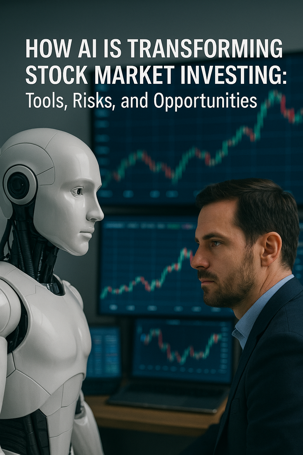 A human trader and a humanoid robot face each other in front of multiple financial charts on large screens, symbolizing the future of quantum technology in finance.