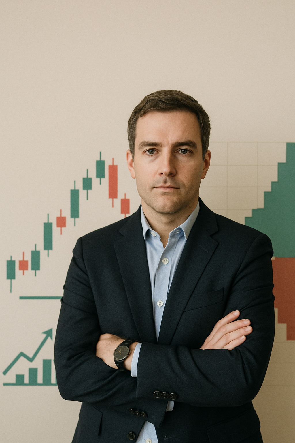 A professional man in a suit standing confidently in front of a stock market chart background