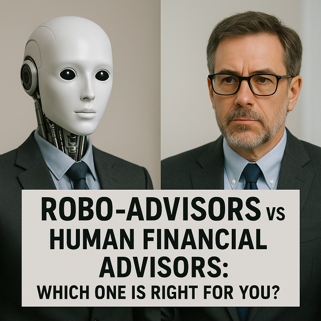 A professional human financial advisor sits across from a humanoid robot advisor in an office setting, illustrating the contrast between robo-advisors and human advisors.