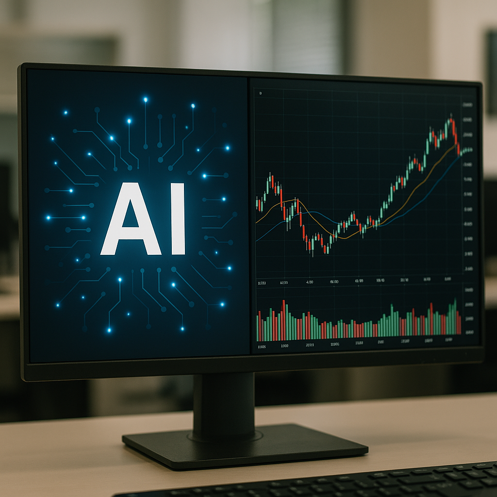 Futuristic AI interface with digital data and financial visualization representing artificial intelligence ETFs